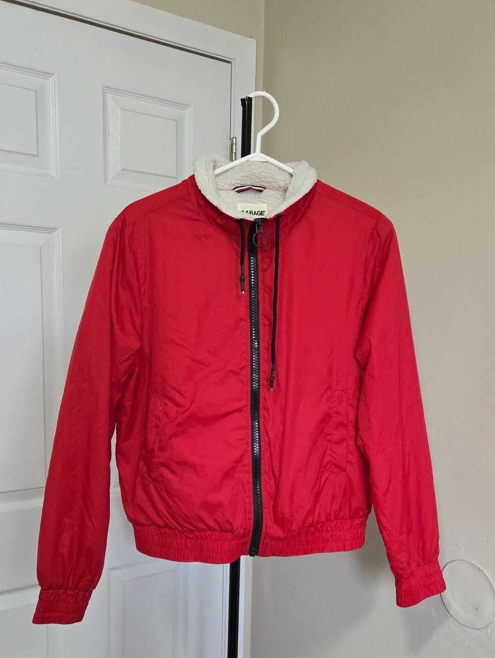 Garage Red Puffer Jacket with Sherpa Trim